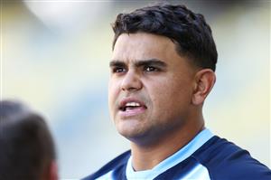 TOWNSVILLE, AUSTRALIA - JUNE 08: Latrell Mitchell speaks to the media during a New South Wales Blues State of Origin training session at Queensland Country Bank Stadium on June 08, 2021 in Townsville, Australia. (Photo by Mark Kolbe/Getty Images)