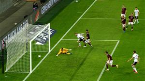 DUESSELDORF, GERMANY - JUNE 07: Timo Werner of Germany scores their sides sixth goal past Roberts Ozols of Latvia during the international friendly match between Germany and Latvia at Merkur Spiel-Arena on June 07, 2021 in Duesseldorf, Germany. (Getty Images)