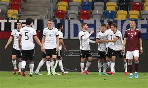 DUESSELDORF, GERMANY - JUNE 07: Timo Werner of Germany (C) celebrates after scoring their sides sixth goal with team mates during the international friendly match between Germany and Latvia at Merkur Spiel-Arena on June 07, 2021 in Duesseldorf, Germany. (Getty Images)