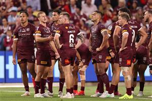 TOWNSVILLE, AUSTRALIA - JUNE 09: Maroons players look on after a Blues try during game one of the 2021 State of Origin series between the New South Wales Blues and the Queensland Maroons at Queensland Country Bank Stadium on June 09, 2021 in Townsville, Australia. (Photo by Mark Kolbe/Getty Images)