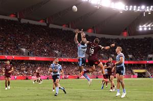 TOWNSVILLE, AUSTRALIA - JUNE 09: Josh Addo-Carr of the Blues and Kyle Feldt of the Maroons compete for the ball during game one of the 2021 State of Origin series between the New South Wales Blues and the Queensland Maroons at Queensland Country Bank Stadium on June 09, 2021 in Townsville, Australia. (Photo by Mark Kolbe/Getty Images)