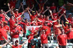 BAKU, AZERBAIJAN - JUNE 12: Wales fans show their support prior to the UEFA Euro 2020 Championship Group A match between Wales and Switzerland at the Baku Olympic Stadium on June 12, 2021 in Baku, Azerbaijan. (Getty Images)