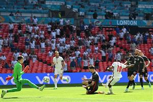 England's forward Raheem Sterling (2ndR) scores his team's first goal during the UEFA EURO 2020 Group D football match between England and Croatia at Wembley Stadium in London on June 13, 2021. (Getty Images)