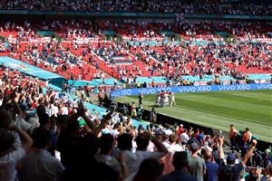 LONDON, ENGLAND - JUNE 13: A general view inside the stadium as Raheem Sterling of England celebrates after scoring their side's first goal during the UEFA Euro 2020 Championship Group D match between England and Croatia at Wembley Stadium on June 13, 2021 in London, England. (Getty Images)