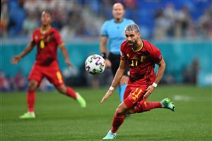 Belgium's midfielder Yannick Ferreira-Carrasco looks at the ball during the UEFA EURO 2020 Group B football match between Belgium and Russia at the Saint Petersburg Stadium in Saint Petersburg on June 12, 2021. (Getty Images)