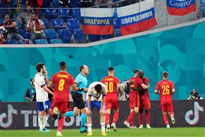 Belgium's forward Romelu Lukaku (2nd-R) celebrates with teammates after scoring his team's third goal during the UEFA EURO 2020 Group B football match between Belgium and Russia at the Saint Petersburg Stadium in Saint Petersburg on June 12, 2021. (Getty Images)