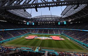 SAINT PETERSBURG, RUSSIA - JUNE 12: A general view inside the stadium as large replica shirts of both teams can be seen on the pitch prior to the UEFA Euro 2020 Championship Group B match between Belgium and Russia on June 12, 2021 in Saint Petersburg, Russia. (Getty Images)