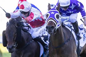SYDNEY, AUSTRALIA - JUNE 12: Reece Jones (purple) on New Arrangement wins race 8 the Acy Securities Handicap during Sydney Racing at Royal Randwick Racecourse on June 12, 2021 in Sydney, Australia. (Photo by Jenny Evans/Getty Images)