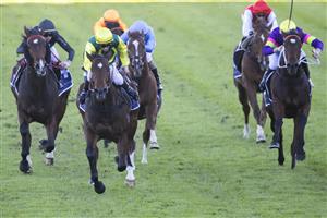 SYDNEY, AUSTRALIA - JUNE 12: Jay Ford (yellow cap) on Adelong wins race 7 the Bob Charley Ao Stakes during Sydney Racing at Royal Randwick Racecourse on June 12, 2021 in Sydney, Australia. (Photo by Jenny Evans/Getty Images)