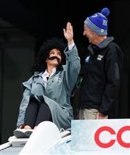 MELBOURNE, AUSTRALIA - JUNE 14: Abbey Holmes, current TV personality and former Adelaide Crows AFLW player, and Neale Daniher are seen during Big Freeze 7 at the Melbourne Cricket Ground on June 14, 2021 in Melbourne, Australia. (Photo by Michael Willson/AFL Photos via Getty Images)