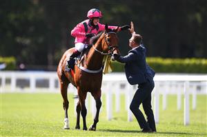 ASCOT, ENGLAND - JUNE 15: Cieren Fallon celebrates on board Oxted with the groom after winning the King's Stand Stakes on Day One of the Royol Ascot Meeting at Ascot Racecourse on June 15, 2021 in Ascot, England. A total of twelve thousand racegoers made up of Owners and the Public are permitted to attend the meeting due to it being an Events Research Programme (ERP) set up by the government due to the Coronavirus Pandemic. (Photo by Harry Trump/Getty Images)