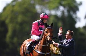 ASCOT, ENGLAND - JUNE 15: Cieren Fallon celebrates on board Oxted with the groom after winning the King's Stand Stakes on Day One of the Royol Ascot Meeting at Ascot Racecourse on June 15, 2021 in Ascot, England. A total of twelve thousand racegoers made up of Owners and the Public are permitted to attend the meeting due to it being an Events Research Programme (ERP) set up by the government due to the Coronavirus Pandemic. (Photo by Harry Trump/Getty Images)