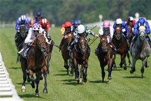 ASCOT, ENGLAND - JUNE 15: Kevin Manning riding Poetic Flare (L, white) easily win The St James's Palace Stakes on day one of the Royal Ascot meeting at Ascot Racecourse on June 15, 2021 in Ascot, England. A total of twelve thousand racegoers made up of owners and the public are permitted to attend the meeting due to it being an Events Research Programme (ERP) set up by the Government due to the Coronavirus pandemic. (Photo by Alan Crowhurst/Getty Images)