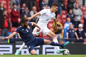 Scotland's defender Grant Hanley (L) fights for the ball with Czech Republic's forward Matej Vydra (R) during the UEFA EURO 2020 Group D football match between Scotland and Czech Republic at Hampden Park in Glasgow on June 14, 2021. (Getty Images)