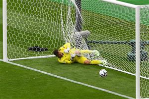 TOPSHOT - Scotland's goalkeeper David Marshall falls in the net after missing a save on Czech Republic's second goal during the UEFA EURO 2020 Group D football match between Scotland and Czech Republic at Hampden Park in Glasgow on June 14, 2021. (Getty Images)