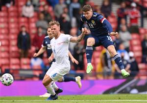 GLASGOW, SCOTLAND - JUNE 14: Kevin Nisbet of Scotland shoots whilst under pressure from Tomas Kalas of Czech Republic during the UEFA Euro 2020 Championship Group D match between Scotland v Czech Republic at Hampden Park on June 14, 2021 in Glasgow, Scotland. (Getty Images)