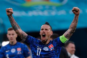 TOPSHOT - Slovakia's midfielder Marek Hamsik celebrates after winning the the UEFA EURO 2020 Group E football match between Poland and Slovakia at the Saint Petersburg Stadium in Saint Petersburg on June 14, 2021. (Getty Images)