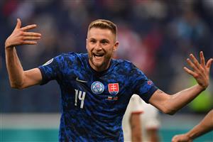 Slovakia's defender Milan Skriniar celebrates scoring the team's second goal during the UEFA EURO 2020 Group E football match between Poland and Slovakia at the Saint Petersburg Stadium in Saint Petersburg on June 14, 2021. (Getty Images)