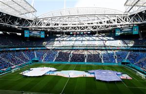 SAINT PETERSBURG, RUSSIA - JUNE 14: A general view inside the stadium as two large replica shirts of both teams are displayed on the pitch prior to the UEFA Euro 2020 Championship Group E match between Poland and Slovakia at the Saint Petersburg Stadium on June 14, 2021 in Saint Petersburg, Russia. (Getty Images)