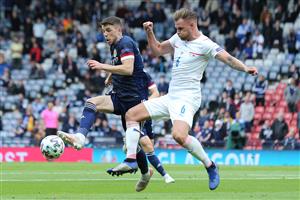 GLASGOW, SCOTLAND - JUNE 14: Ryan Christie of Scotland is closed down by Tomas Kalas of Czech Republic during the UEFA Euro 2020 Championship Group D match between Scotland v Czech Republic at Hampden Park on June 14, 2021 in Glasgow, Scotland. (Getty Images)