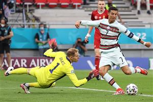 TOPSHOT - Portugal's forward Cristiano Ronaldo scores his team's third goal during the UEFA EURO 2020 Group F football match between Hungary and Portugal at the Puskas Arena in Budapest on June 15, 2021. (Getty Images)