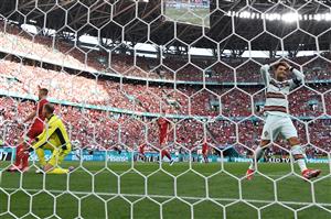 Portugal's forward Cristiano Ronaldo reacts after missing a goal opportunity during the UEFA EURO 2020 Group F football match between Hungary and Portugal at the Puskas Arena in Budapest on June 15, 2021. (Getty Images)