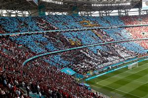 BUDAPEST, HUNGARY - JUNE 15: A general view inside the stadium as fans raise coloured squares prior to the UEFA Euro 2020 Championship Group F match between Hungary and Portugal at Puskas Arena on June 15, 2021 in Budapest, Hungary. (Getty Images)