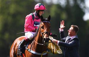 ASCOT, ENGLAND - JUNE 15: Cieren Fallon celebrates on board Oxted with the groom after winning the King's Stand Stakes at Ascot Racecourse on June 15, 2021 in Ascot, England. (Getty)
