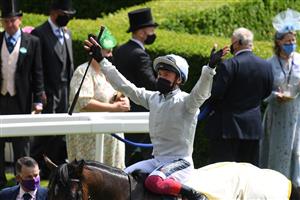 Jockey Frankie Dettori riding Palace Pier celebrates winning the Queen Anne stakes on the first day of the Royal Ascot horse racing meet, in Ascot, west of London on June 15, 2021. - Royal Ascot is preparing to open its doors to 12,000 racing fans a day but the coronavirus will still take a significant financial toll on the event. (Photo by DANIEL LEAL-OLIVAS / AFP) (Photo by DANIEL LEAL-OLIVAS/AFP via Getty Images)