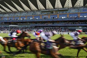 ASCOT, ENGLAND - JUNE 15: A general view as runners pass the grandstands with a circuit to go In The Ascot Stakes on day one of the Royal Ascot meeting at Ascot Racecourse on June 15, 2021 in Ascot, England. A total of twelve thousand racegoers made up of owners and the public are permitted to attend the meeting due to it being an Events Research Programme (ERP) set up by the Government due to the Coronavirus pandemic. (Photo by Alan Crowhurst/Getty Images)