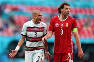 BUDAPEST, HUNGARY - JUNE 15: Pepe of Portugal reacts next to Adam Szalai of Hungary during the UEFA Euro 2020 Championship Group F match between Hungary and Portugal at Puskas Arena on June 15, 2021 in Budapest, Hungary. (Getty Images)