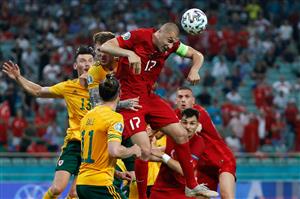 Turkey's forward Burak Yilmaz heads the ball during the UEFA EURO 2020 Group A football match between Turkey and Wales at the Olympic Stadium in Baku on June 16, 2021. (Getty Images)