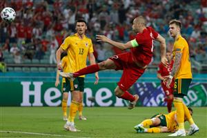 Turkey's forward Burak Yilmaz shoots the ball during the UEFA EURO 2020 Group A football match between Turkey and Wales at the Olympic Stadium in Baku on June 16, 2021. (Getty Images)