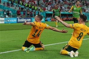 Wales' defender Connor Roberts celebrates scoring his team's second goal during the UEFA EURO 2020 Group A football match between Turkey and Wales at the Olympic Stadium in Baku on June 16, 2021. (Getty Images)