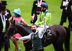 ASCOT, ENGLAND - JUNE 17: Joe Fanning celebrates on board Subjectivist with the groom after winning the Gold Cup on Day Three of the Royal Ascot Meeting at Ascot Racecourse on June 17, 2021 in Ascot, England. A total of twelve thousand racegoers made up of Owners and the Public are permitted to attend the meeting due to it being an Events Research Programme (ERP) set up by the government due to the Coronavirus Pandemic. (Photo by Harry Trump/Getty Images)
