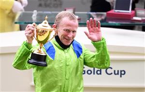 ASCOT, ENGLAND - JUNE 17: Jockey Joe Fanning celebrates with the Gold Cup after winning on board Subjectivist on Day Three of the Royal Ascot Meeting at Ascot Racecourse on June 17, 2021 in Ascot, England. A total of twelve thousand racegoers made up of Owners and the Public are permitted to attend the meeting due to it being an Events Research Programme (ERP) set up by the government due to the Coronavirus Pandemic. (Photo by Harry Trump/Getty Images)