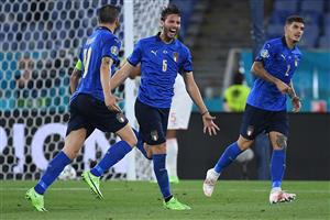 Italy's midfielder Manuel Locatelli (C) celebrates with teammates after scoring the second goal during the UEFA EURO 2020 Group A football match between Italy and Switzerland at the Olympic Stadium in Rome on June 16, 2021. (Getty Images)
