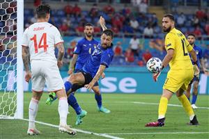 Italy's defender Francesco Acerbi (C) clears the photo during the UEFA EURO 2020 Group A football match between Italy and Switzerland at the Olympic Stadium in Rome on June 16, 2021. (Getty Images)