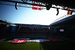 A giant jersey of Denmark's midfielder Christian Eriksen is put on display on the pitch before the start of the UEFA EURO 2020 Group B football match between Denmark and Belgium at the Parken Stadium in Copenhagen on June 17, 2021. (Getty Images)