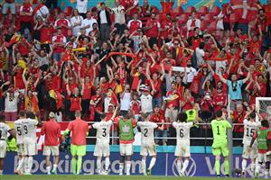 Belgium's players celebrate their win after the UEFA EURO 2020 Group B football match between Denmark and Belgium at the Parken Stadium in Copenhagen on June 17, 2021. (Getty Images)