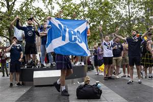 LONDON, ENGLAND - JUNE 17: A Scotland fan holds up the flag of Scotland. (Getty Images)