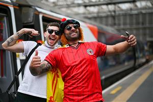 GLASGOW, SCOTLAND - JUNE 17: Scotland football supporters gather at Central Station before boarding trains to London on June 17, 2021 in Glasgow, Scotland. Officials in Scotland and London, where the match will be hosted at Wembley Stadium, have discouraged Scottish fans without tickets to the event of coming south, due to concerns about the spread of Covid-19. (Getty Images)