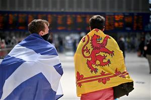 GLASGOW, SCOTLAND - JUNE 17: Scotland football supporters gather at Central Station before boarding trains to London on June 17, 2021 in Glasgow, Scotland. Officials in Scotland and London, where the match will be hosted at Wembley Stadium, have discouraged Scottish fans without tickets to the event of coming south, due to concerns about the spread of Covid-19. (Getty Images)