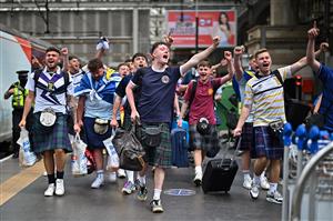 GLASGOW, SCOTLAND - JUNE 17: Scotland football supporters gather at Central Station before boarding trains to London on June 17, 2021 in Glasgow, Scotland. Officials in Scotland and London, where the match will be hosted at Wembley Stadium, have discouraged Scottish fans without tickets to the event of coming south, due to concerns about the spread of Covid-19. (Getty Images)