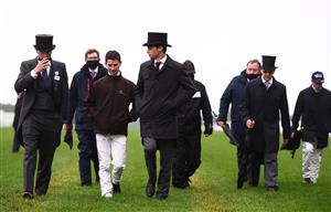ASCOT, ENGLAND - JUNE 18: Trainer Joseph O'Brien, Jockey Oisin Murphy, Trainer Donnacha O'Brien, Trainer Aidan O'Brien and Jockey Ryan Moore look on on Day Four of the Royal Ascot Meeting at Ascot Racecourse on June 18, 2021 in Ascot, England. A total of twelve thousand racegoers made up of Owners and the Public are permitted to attend the meeting due to it being an Events Research Programme (ERP) set up by the government due to the Coronavirus Pandemic. (Photo by Harry Trump/Getty Images)