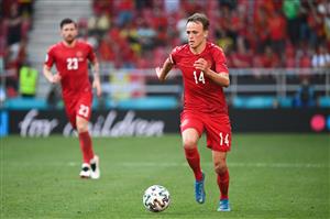 COPENHAGEN, DENMARK - JUNE 17: Mikkel Damsgaard of Denmark runs with the ball during the UEFA Euro 2020 Championship Group B match between Denmark and Belgium at Parken Stadium on June 17, 2021 in Copenhagen, Denmark. (Getty Images)