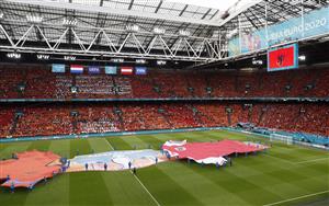 AMSTERDAM, NETHERLANDS - JUNE 17: A general view of inside the stadium as large replica shirts of both teams are displayed on the pitch prior to the UEFA Euro 2020 Championship Group C match between the Netherlands and Austria at Johan Cruijff Arena on June 17, 2021 in Amsterdam, Netherlands. (Getty Images)