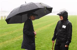ASCOT, ENGLAND - JUNE 18: Jockey Ryan Moore interacts with Chris Stickels, Clerk of the course on Day Four of the Royal Ascot Meeting at Ascot Racecourse on June 18, 2021 in Ascot, England. A total of twelve thousand racegoers made up of Owners and the Public are permitted to attend the meeting due to it being an Events Research Programme (ERP) set up by the government due to the Coronavirus Pandemic. (Photo by Harry Trump/Getty Images)