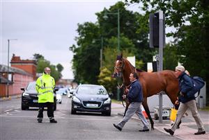 ASCOT, ENGLAND - JUNE 19: A runner crosses the road outside of the course ahead of the Chesham Stakes on Day Five of the Royal Ascot Meeting at Ascot Racecourse on June 19, 2021 in Ascot, England. A total of twelve thousand racegoers made up of Owners and the Public are permitted to attend the meeting due to it being an Events Research Programme (ERP) set up by the government due to the Coronavirus Pandemic. (Photo by Harry Trump/Getty Images) (Photo by Harry Trump/Getty Images)