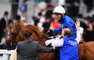 ASCOT, ENGLAND - JUNE 19: James Doyle celebrates on board Creative Force with the groom after winning the Jersey Stakes on Day Five of the Royal Ascot Meeting at Ascot Racecourse on June 19, 2021 in Ascot, England. A total of twelve thousand racegoers made up of Owners and the Public are permitted to attend the meeting due to it being an Events Research Programme (ERP) set up by the government due to the Coronavirus Pandemic. (Photo by Harry Trump/Getty Images) (Photo by Harry Trump/Getty Images)